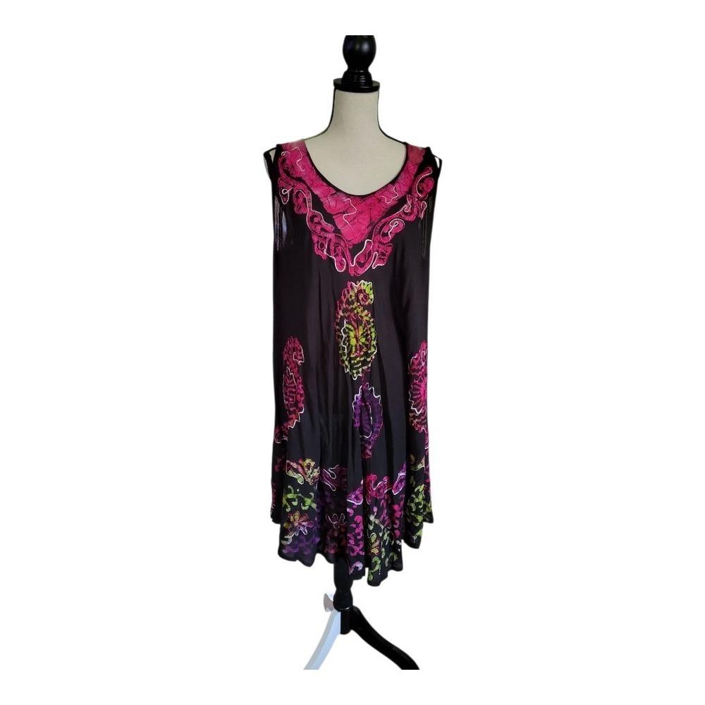 💕Boho Tie Dye Black Pink Embroidered Floral Sleeveless Midi Dress Free Size New